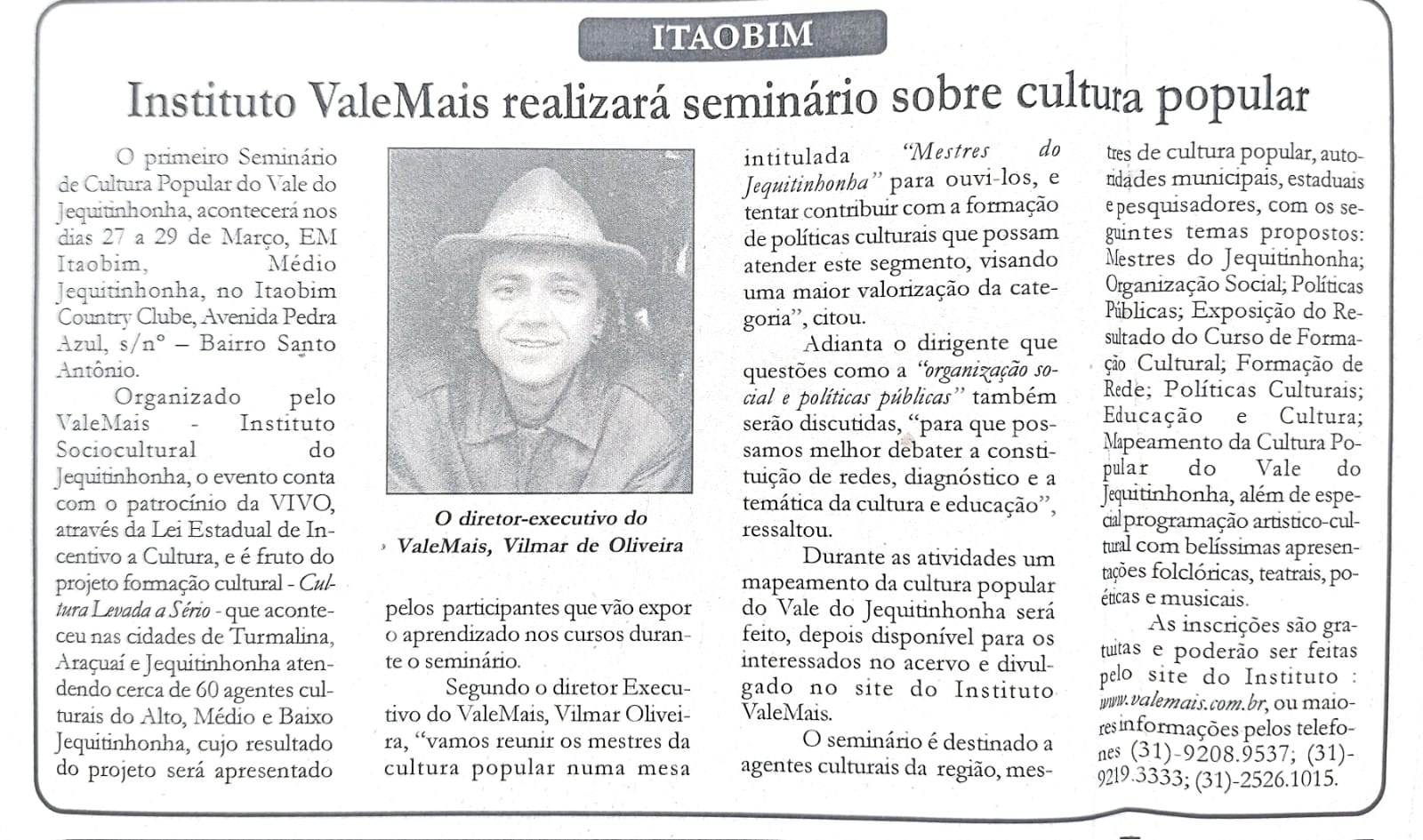 Instituto ValeMais realizará seminário sobre cultura popular